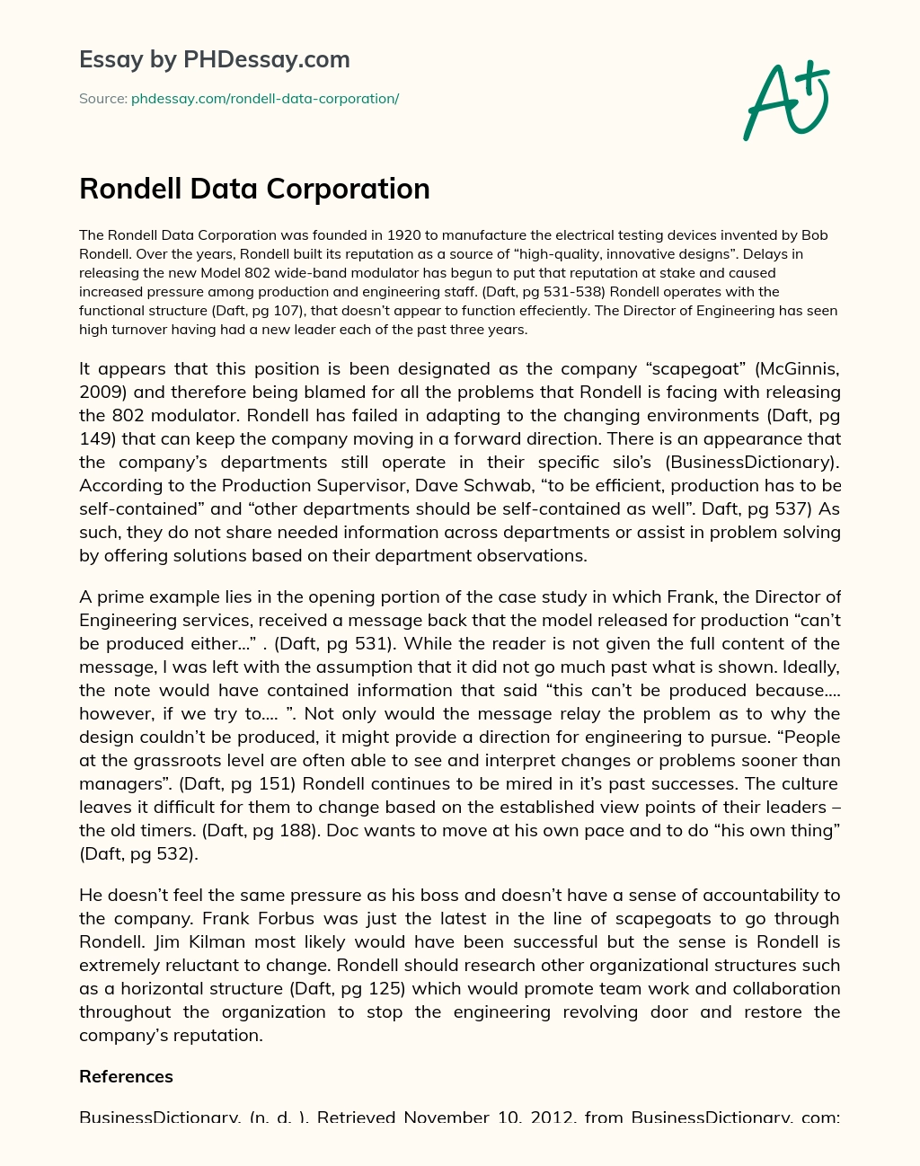 Rondell Data Corporation essay