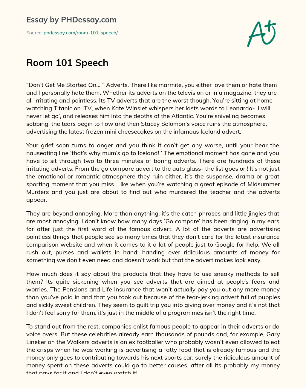 Room 101 Speech essay