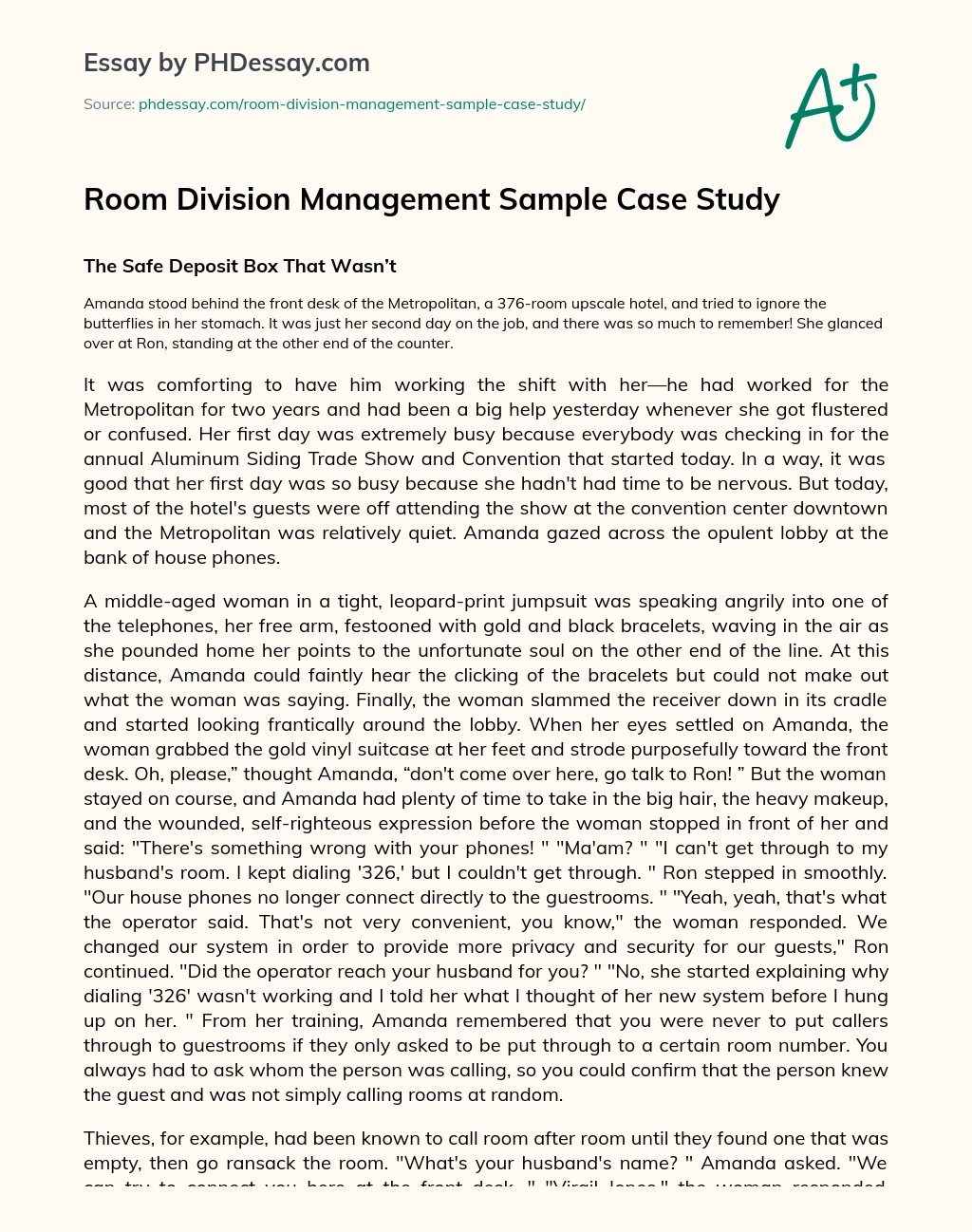 Room Division Management Sample Case Study Phdessay Com