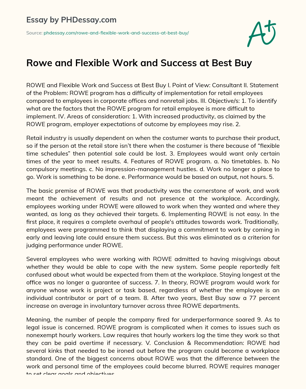 Rowe and Flexible Work and Success at Best Buy essay