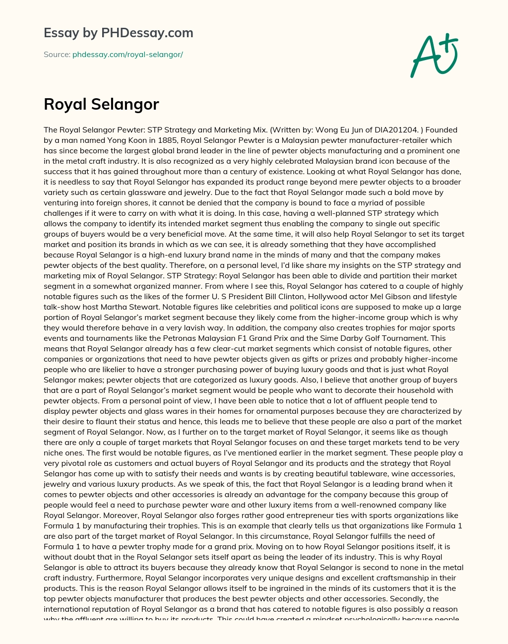 Royal Selangor essay