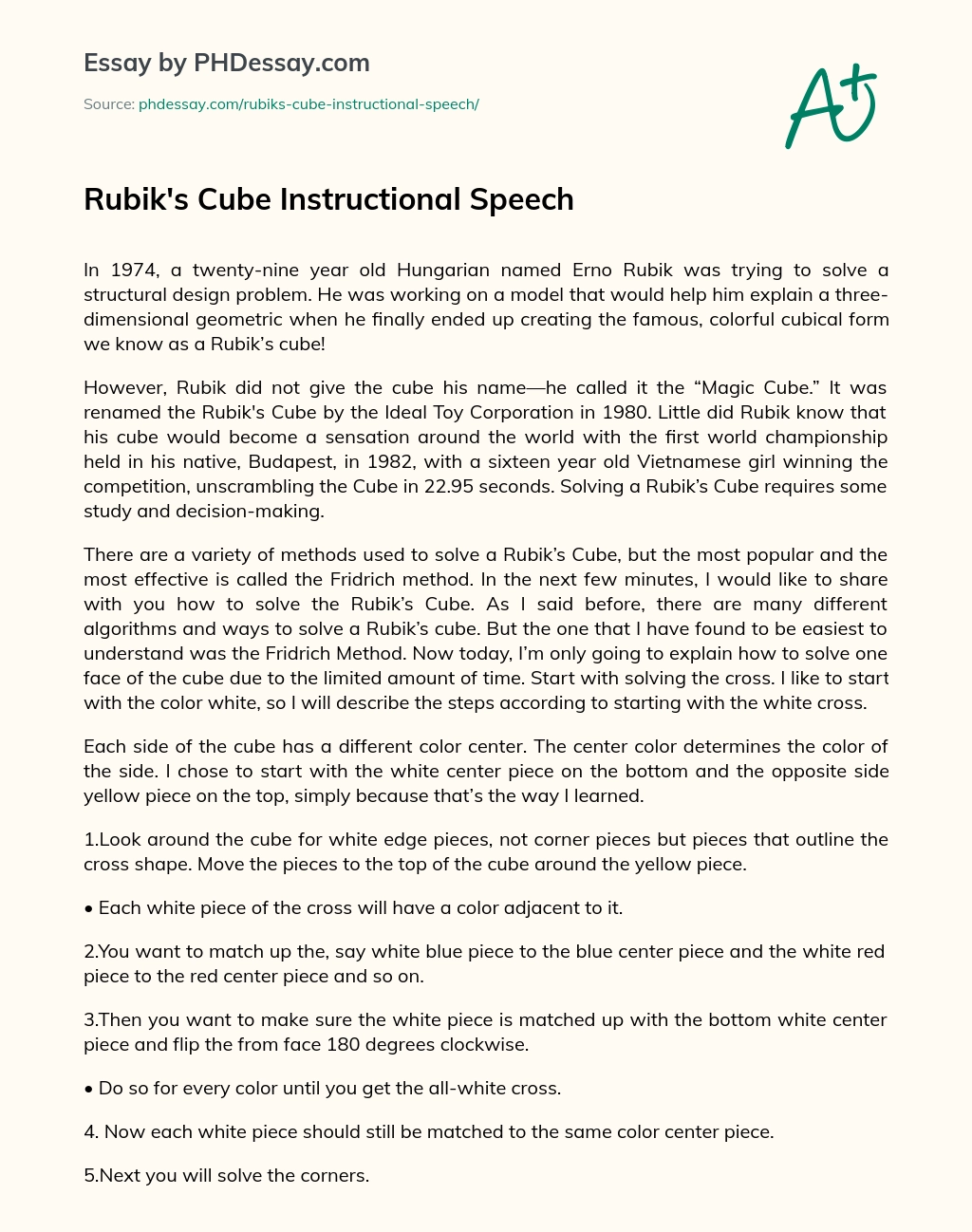 Rubik’s Cube Instructional Speech essay