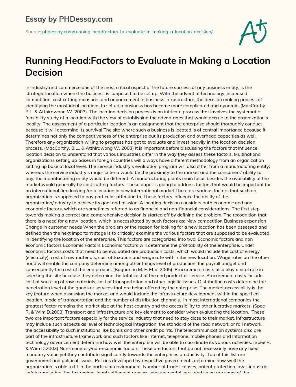 Running Head:Factors to Evaluate in Making a Location Decision essay