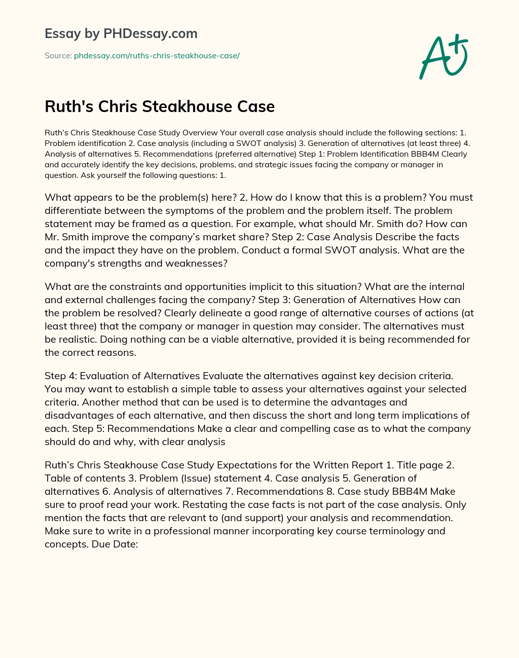 Ruth’s Chris Steakhouse Case essay