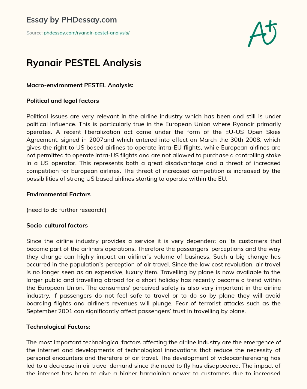 Ryanair PESTEL Analysis essay