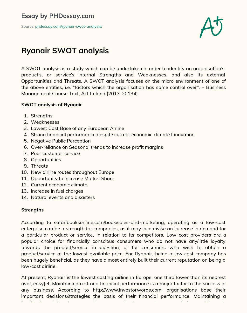 Ryanair SWOT analysis essay
