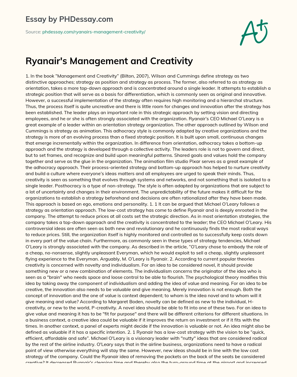 Ryanair’s Management and Creativity essay