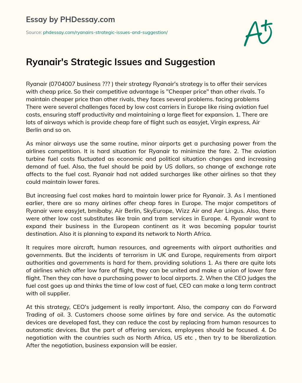Ryanair’s Strategic Issues and Suggestion essay
