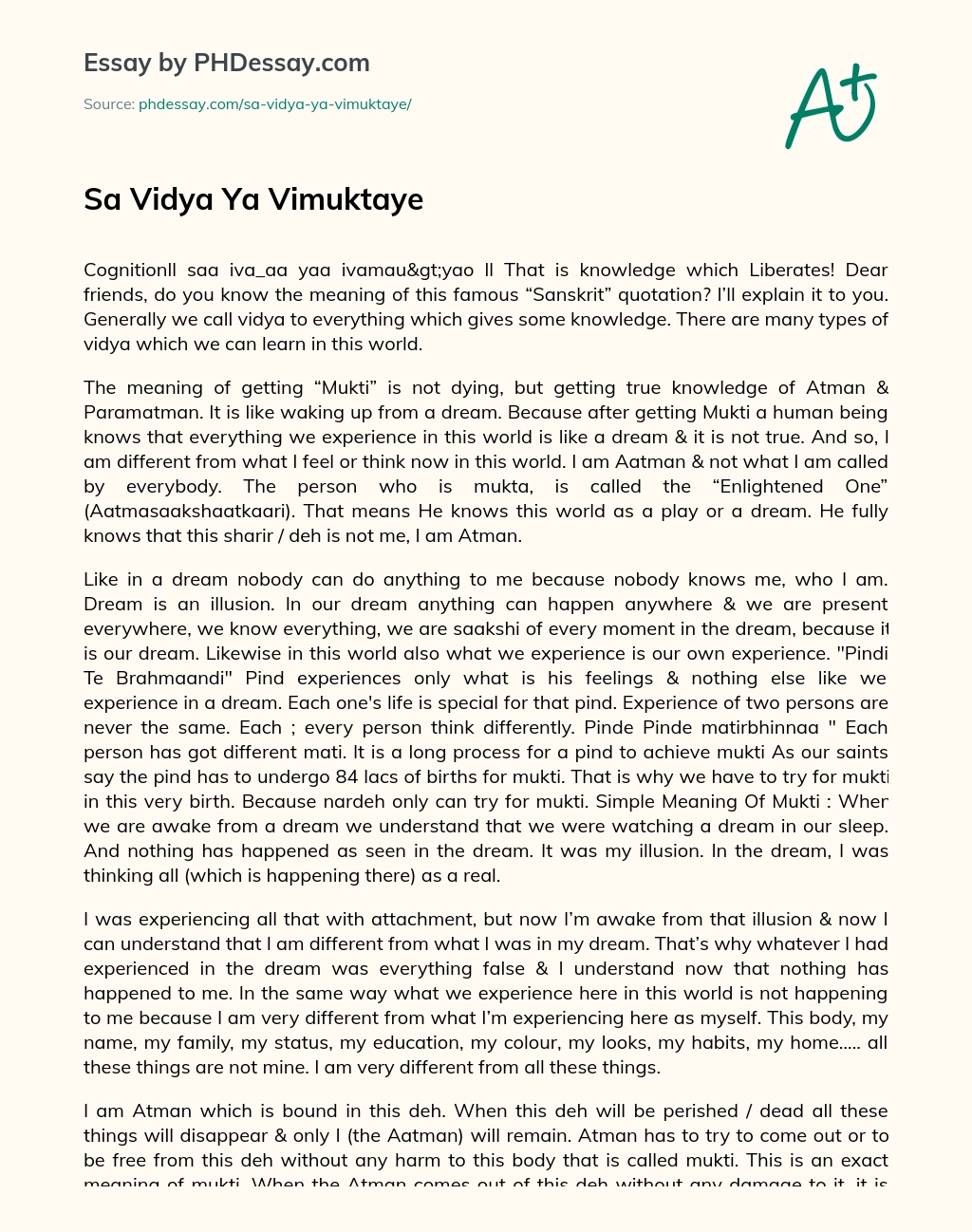 Sa Vidya Ya Vimuktaye essay