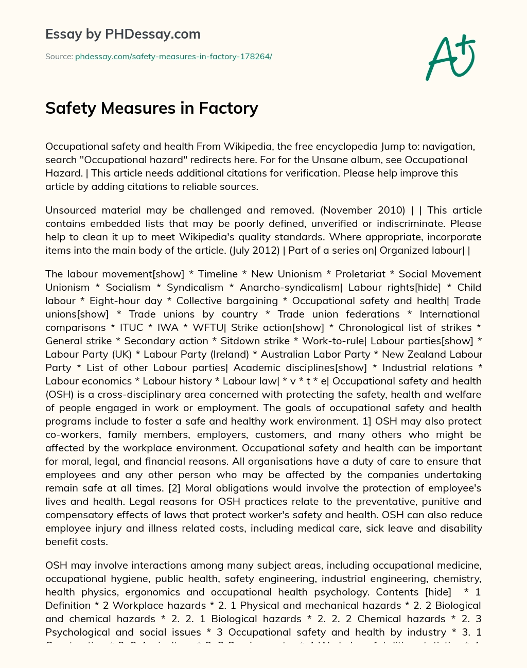 Safety Measures in Factory essay