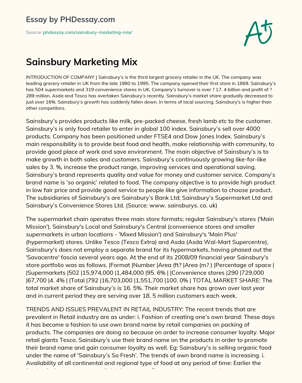 Sainsbury Marketing Mix essay
