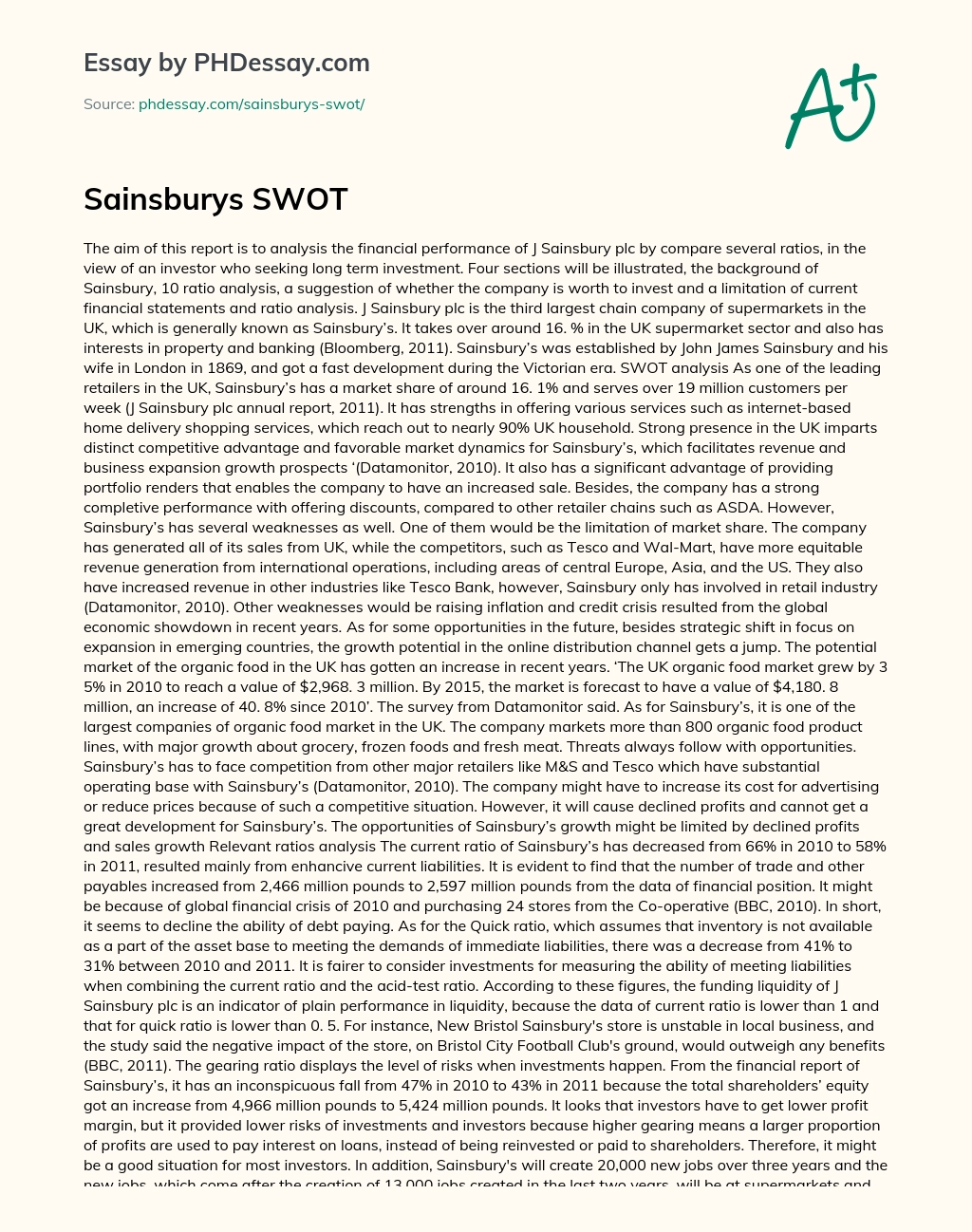 Sainsbury’s SWOT Analysis essay