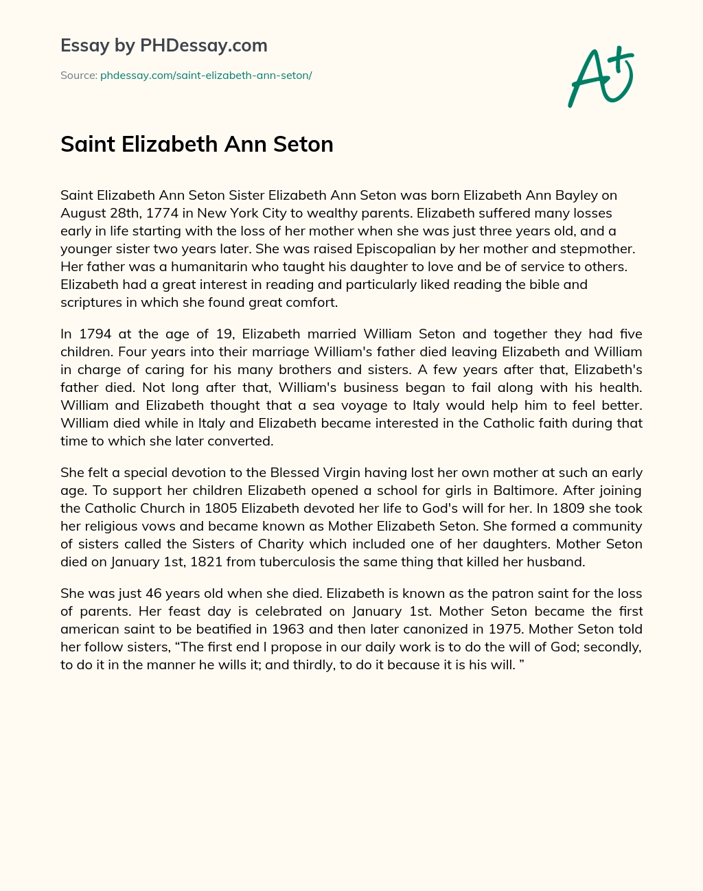 Saint Elizabeth Ann Seton essay