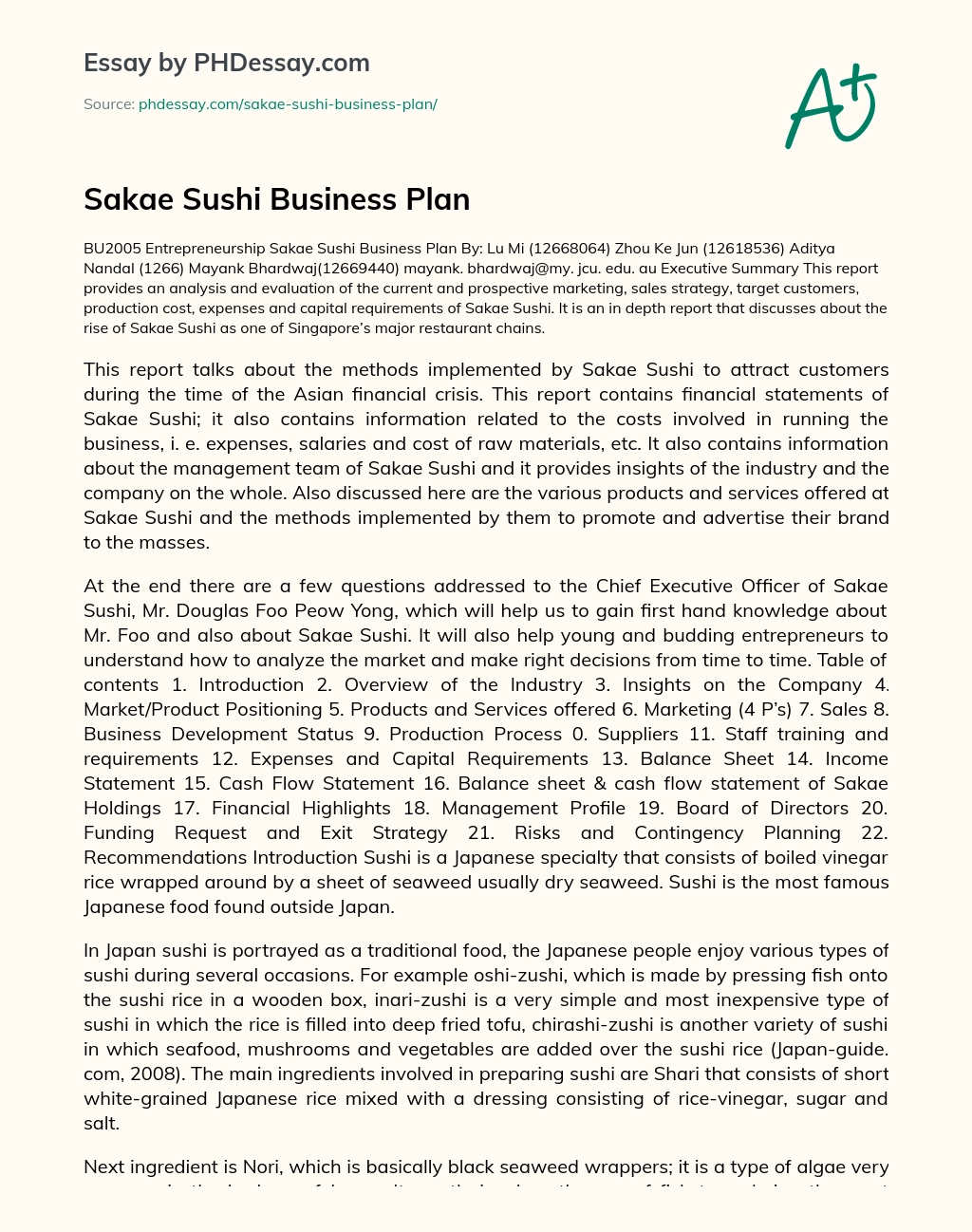 Sakae Sushi Business Plan essay