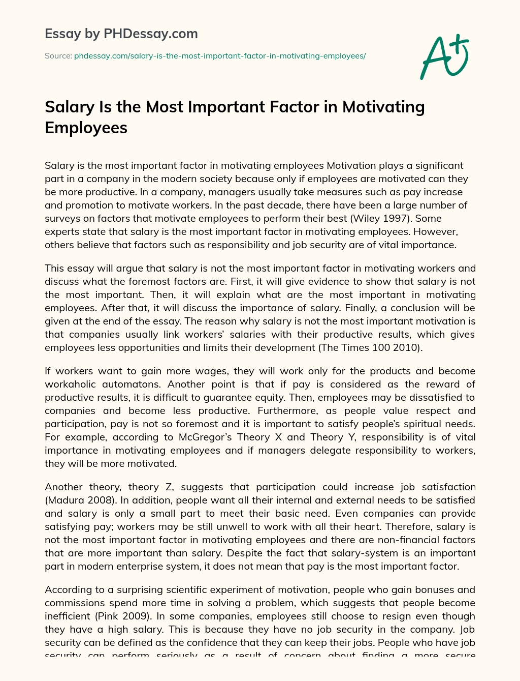 Salary Is the Most Important Factor in Motivating Employees essay