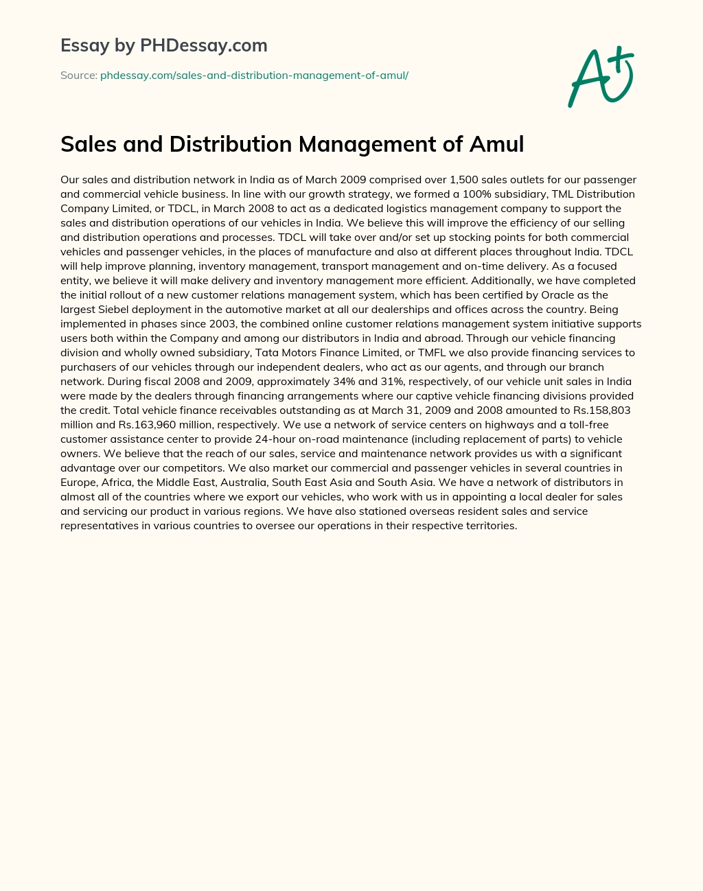 Sales and Distribution Management of Amul essay