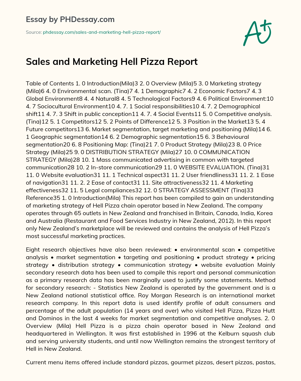 Sales and Marketing Hell Pizza Report essay