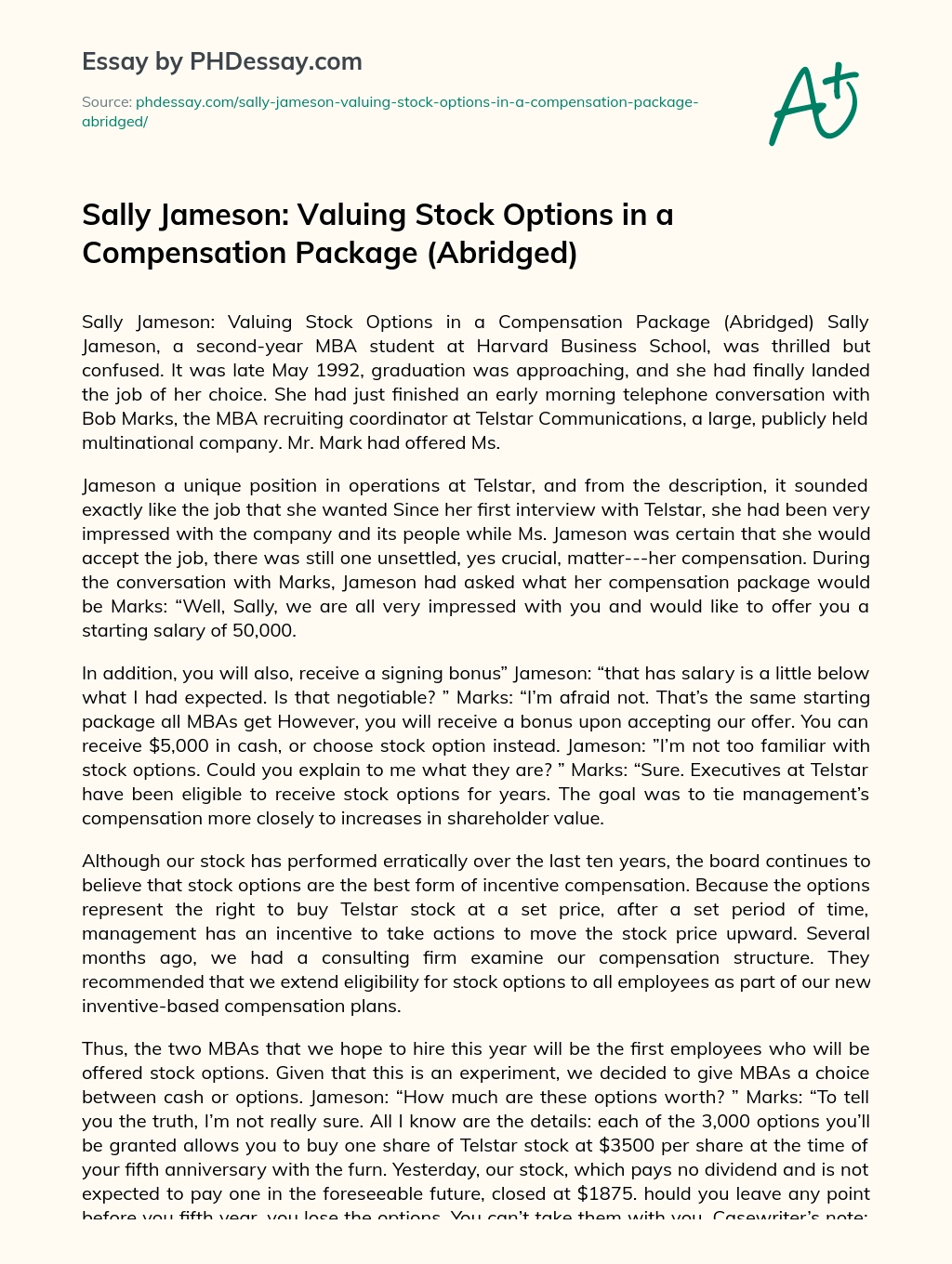 Sally Jameson: Valuing Stock Options in a Compensation Package (Abridged) essay