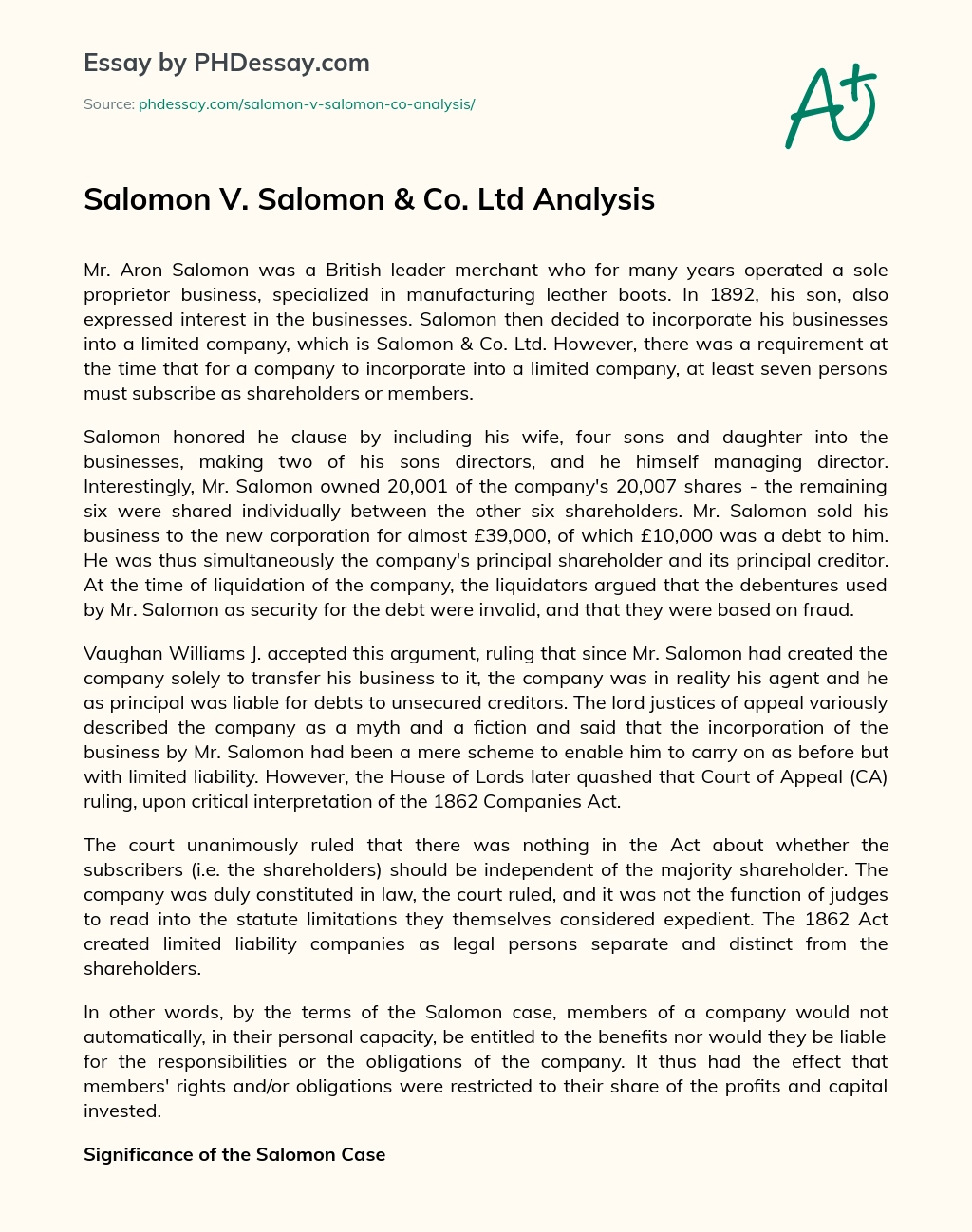 Salomon V. Salomon & Co. Ltd Analysis essay