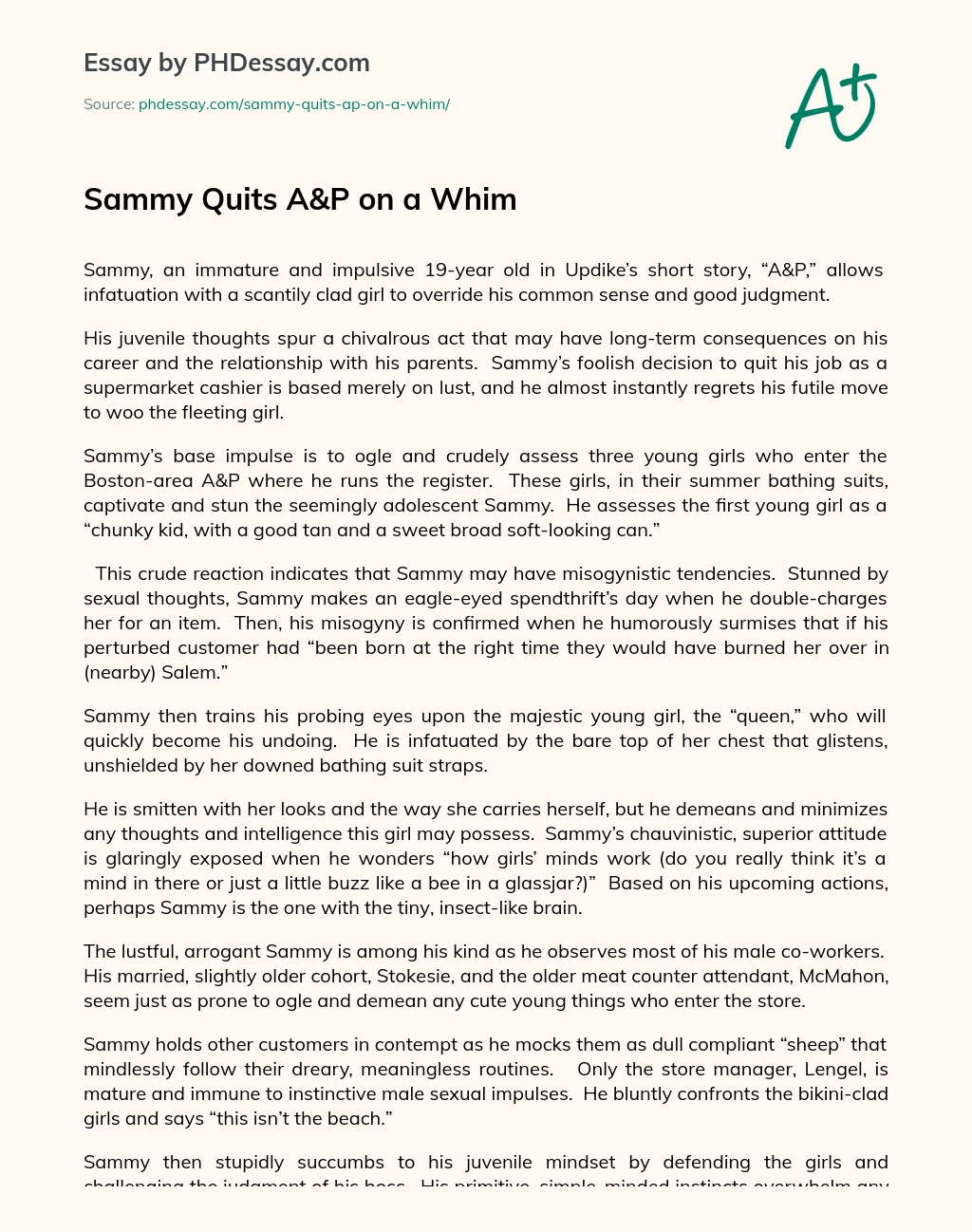 Sammy Quits A&P on a Whim essay
