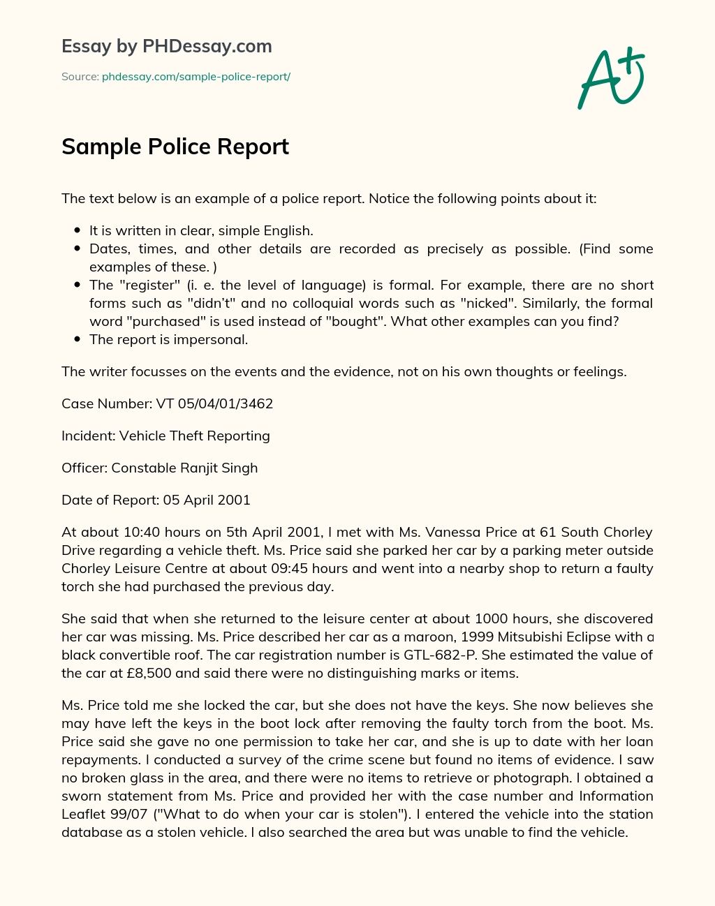 Sample Police Report essay