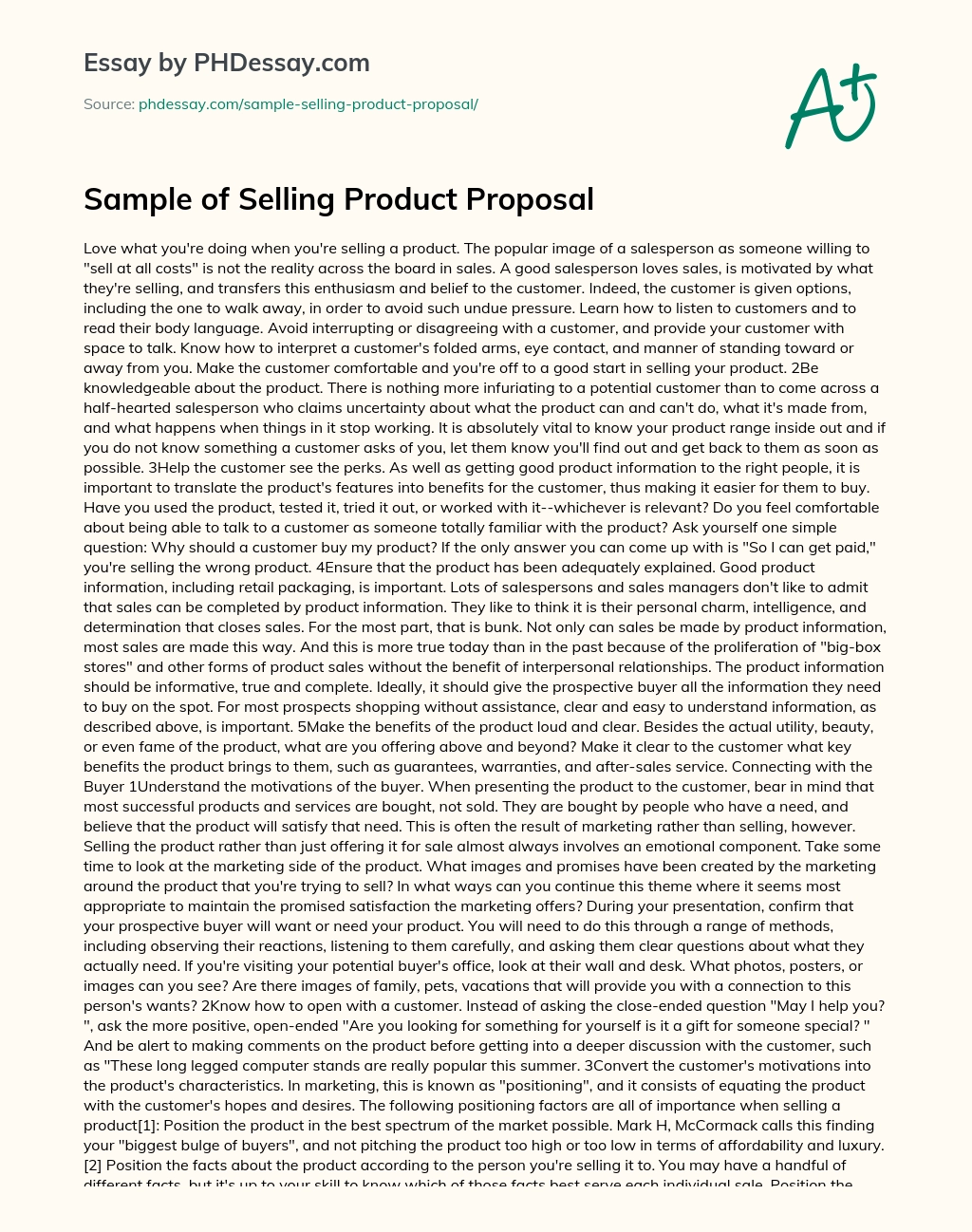 Sample of Selling Product Proposal essay