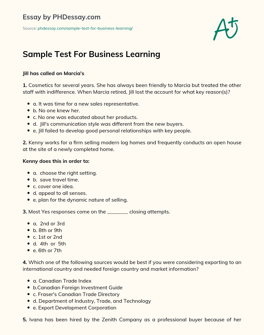 Sample Test For Business Learning essay