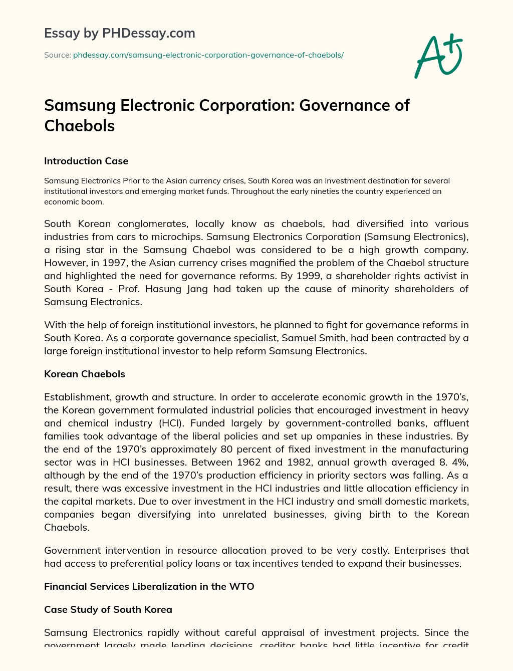 Samsung Electronic Corporation: Governance of Chaebols essay