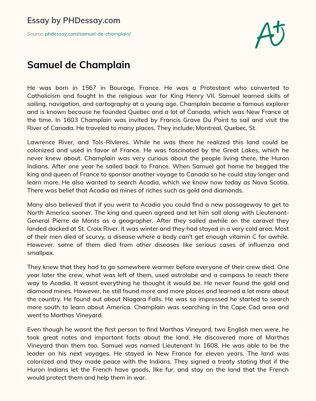 Samuel de Champlain essay