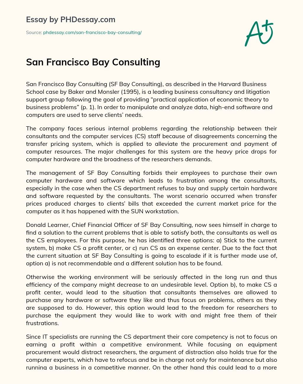 San Francisco Bay Consulting Argumentative Essay essay