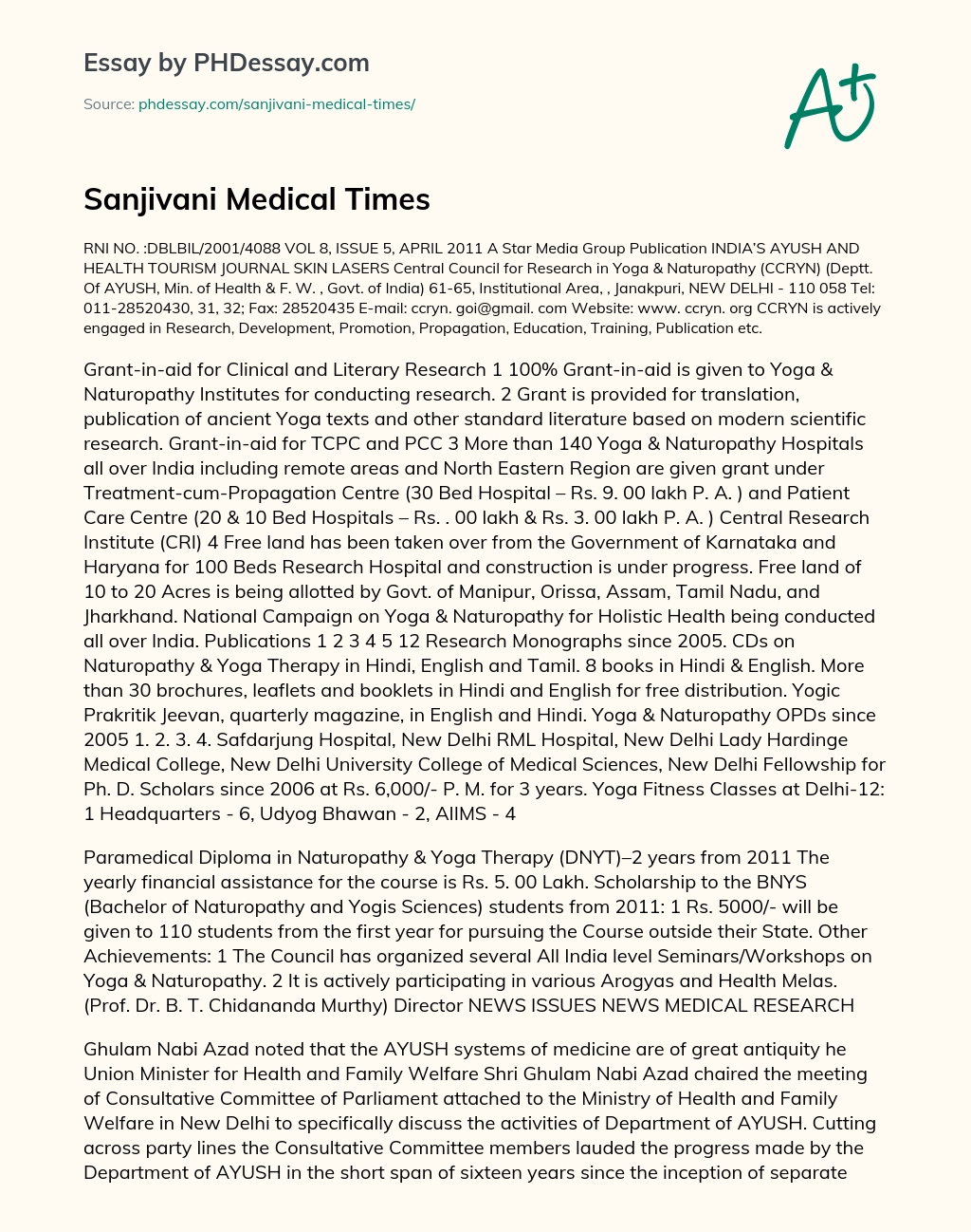 Sanjivani Medical Times essay