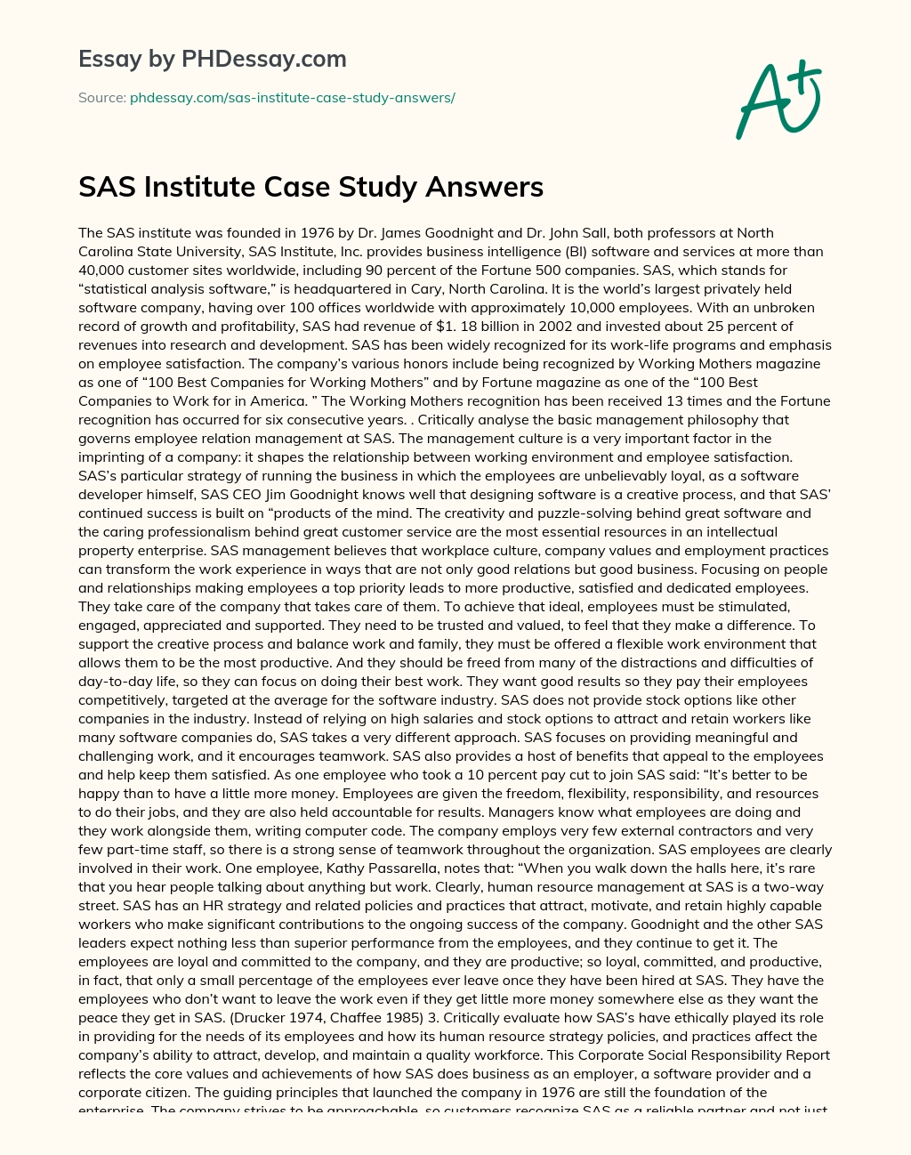 SAS Institute Case Study Answers essay