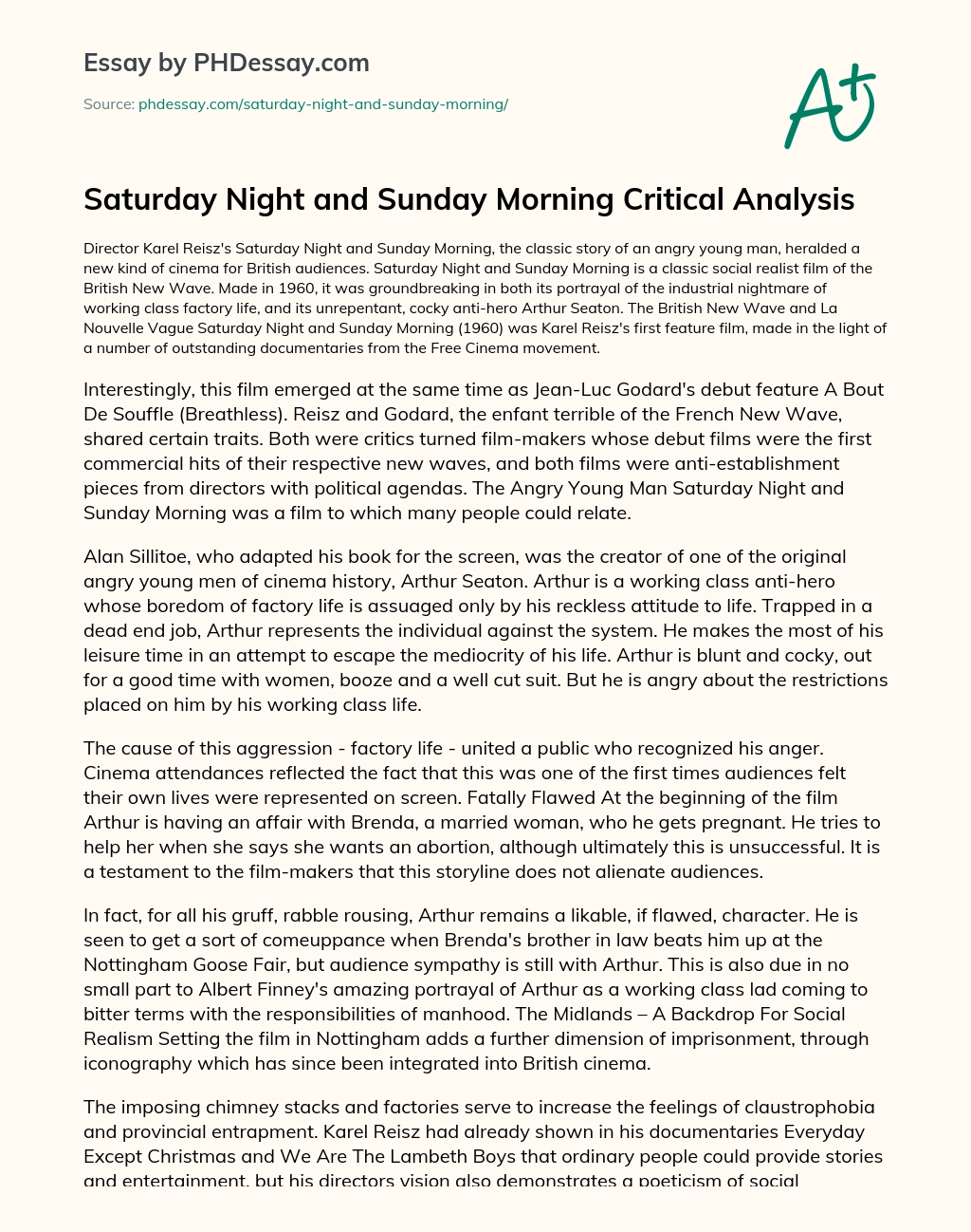 Saturday Night and Sunday Morning Critical Analysis essay