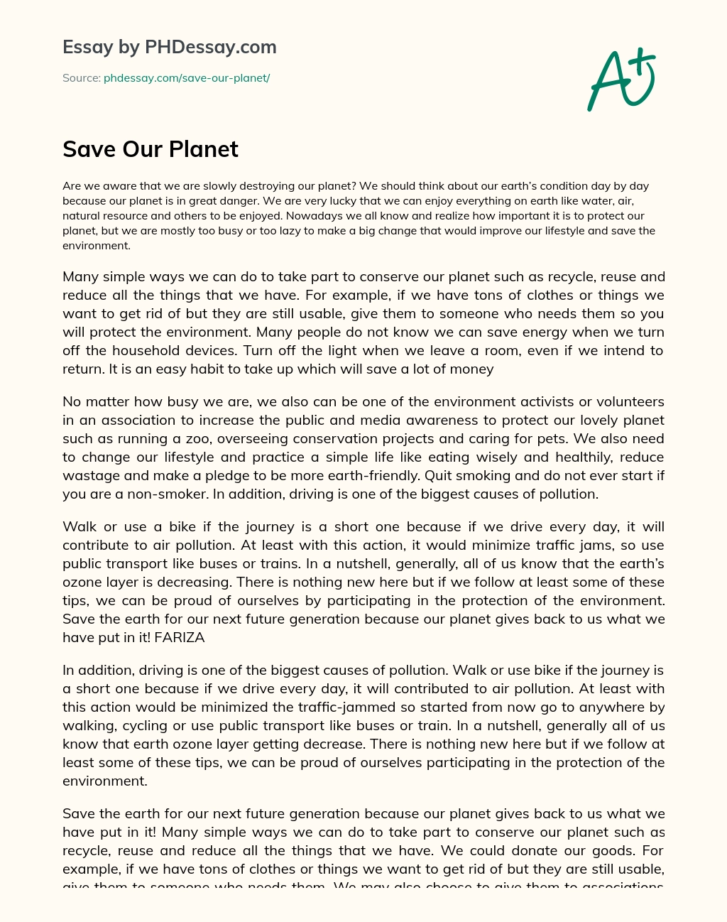 Save Our Planet essay