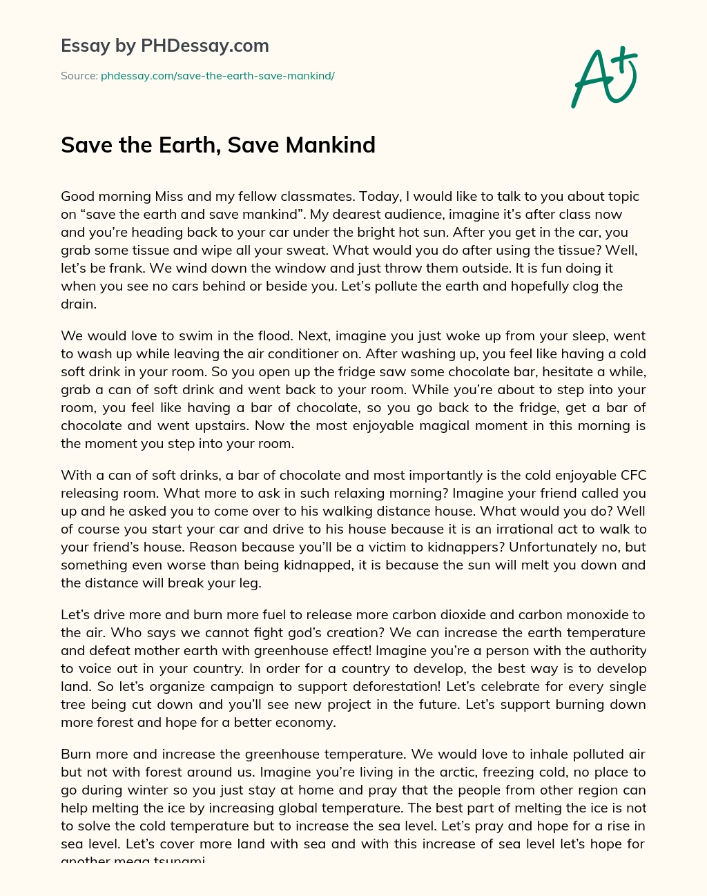 Save the Earth, Save Mankind essay