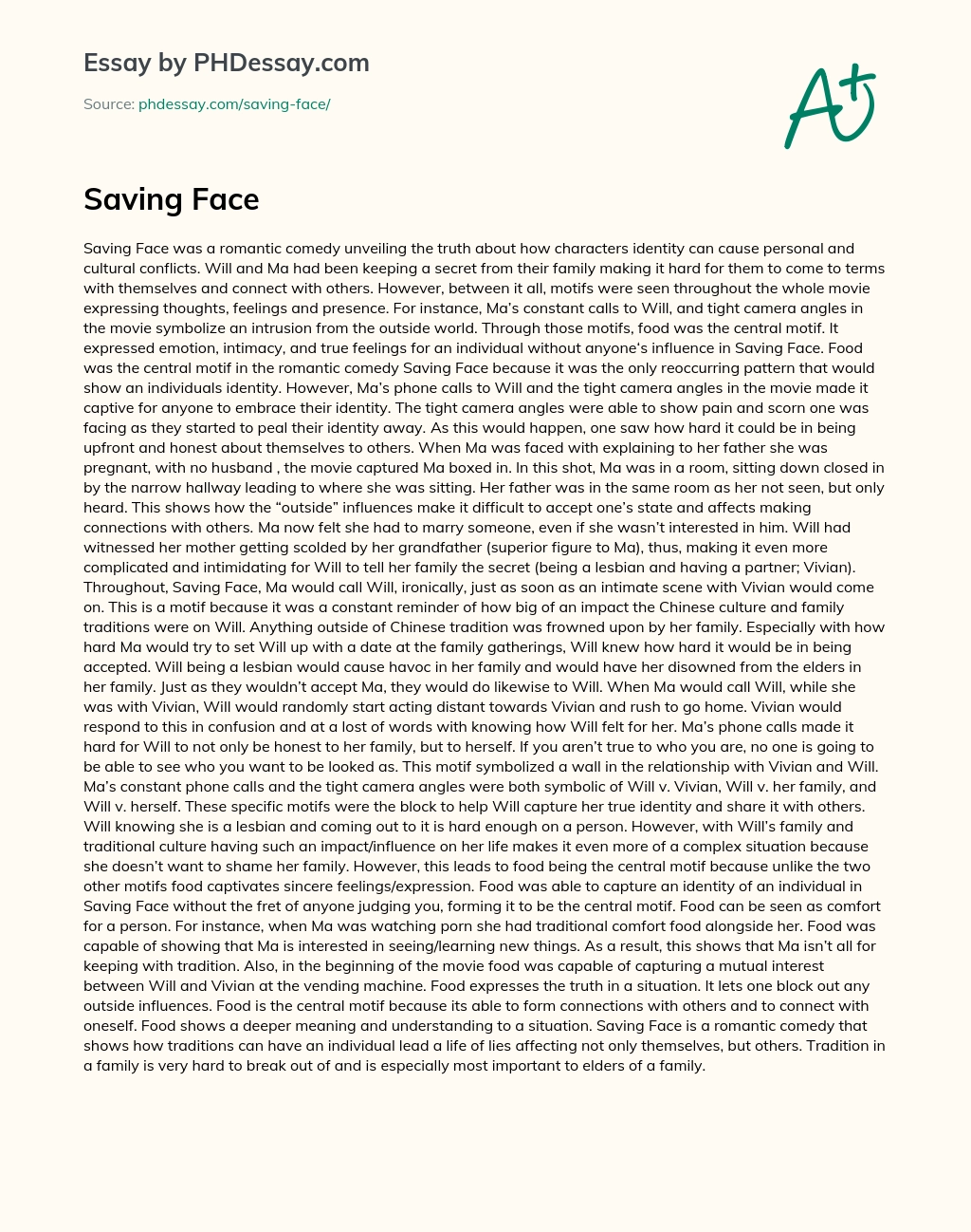 Food as the Central Motif in Saving Face: Unveiling Personal and Cultural Conflicts essay