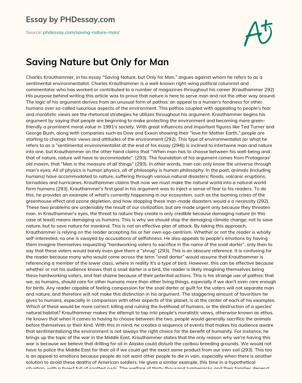 Saving Nature but Only for Man essay