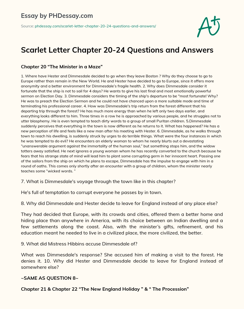 Scarlet Letter Chapter 20-24 Questions and Answers essay