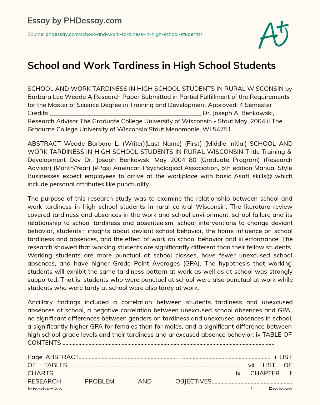 School and Work Tardiness in High School Students essay