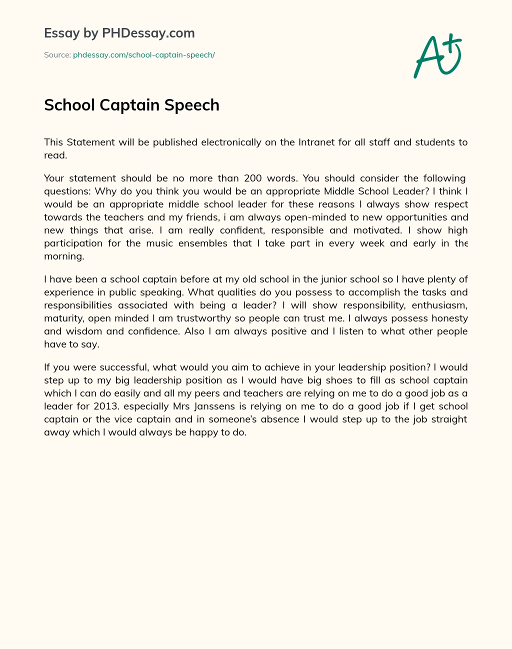 School Captain Speech essay