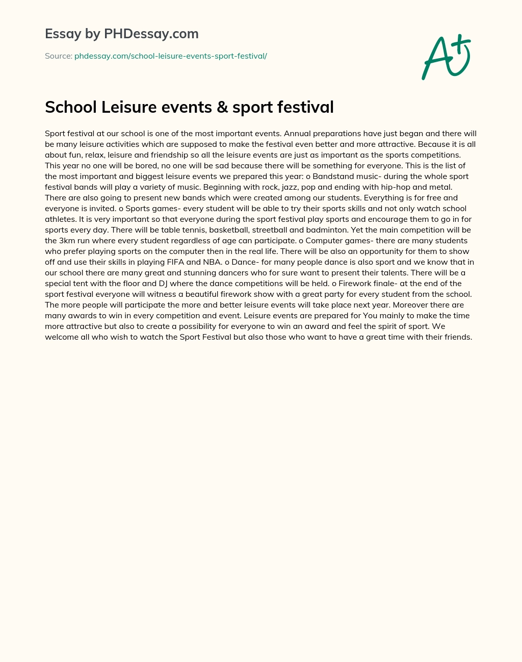 School Leisure events & sport festival essay