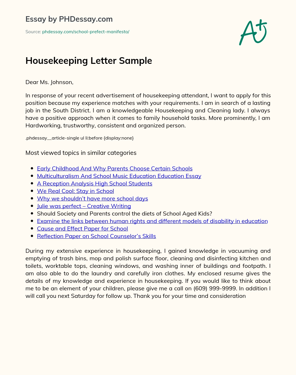 Housekeeping Letter Sample essay