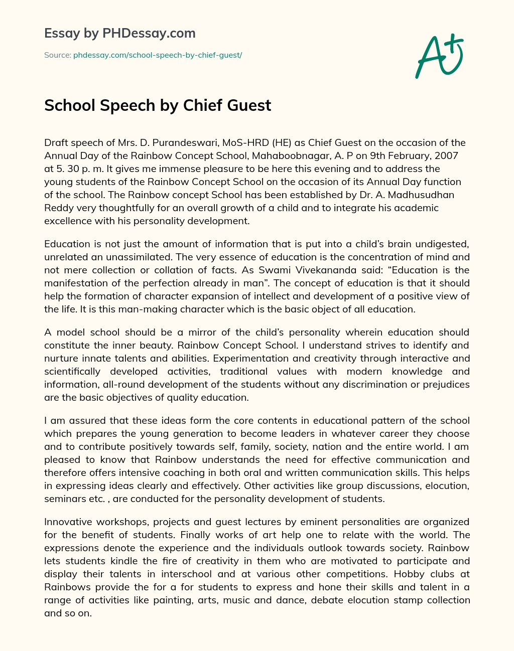 School Speech by Chief Guest essay