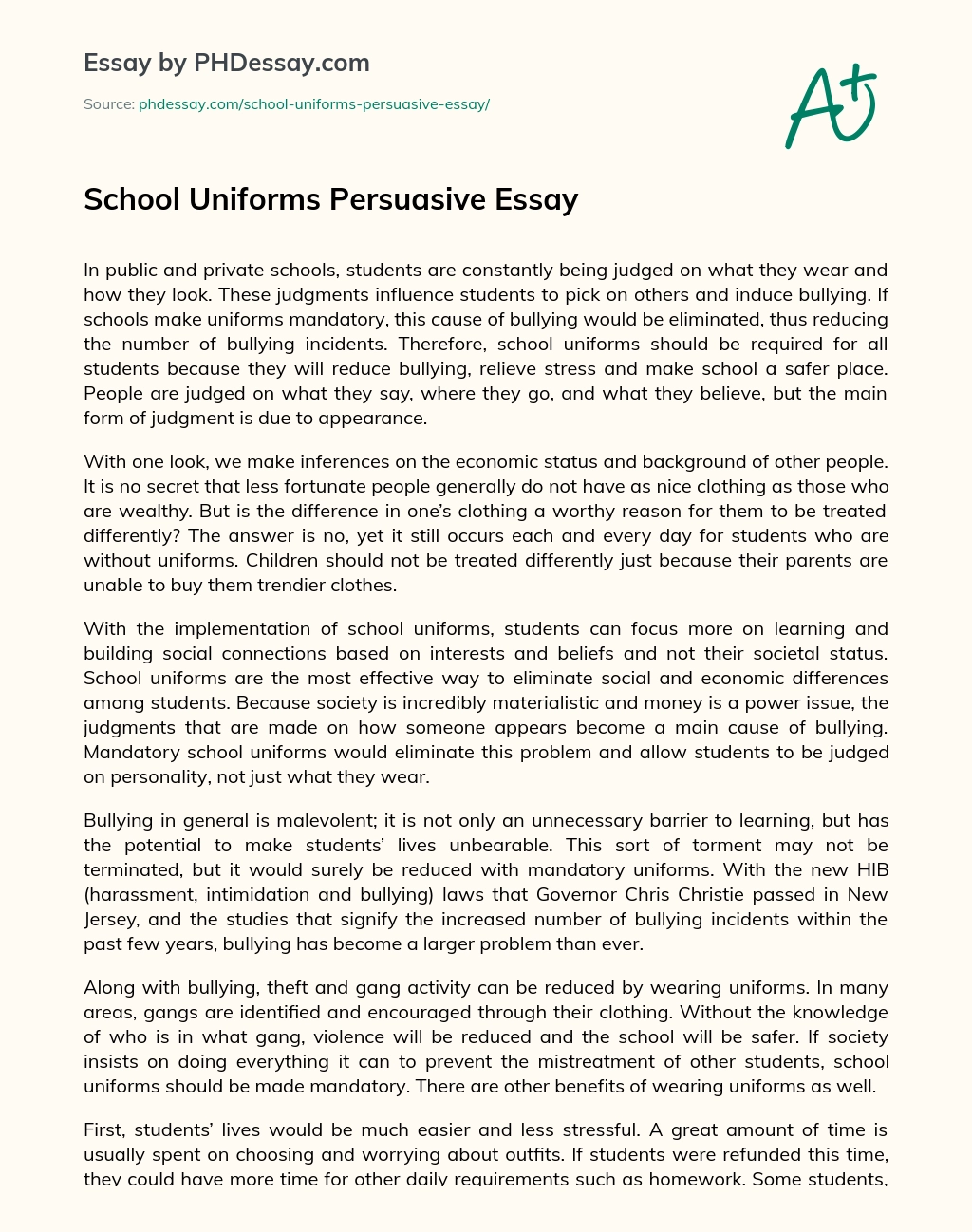 School Uniforms Persuasive Essay