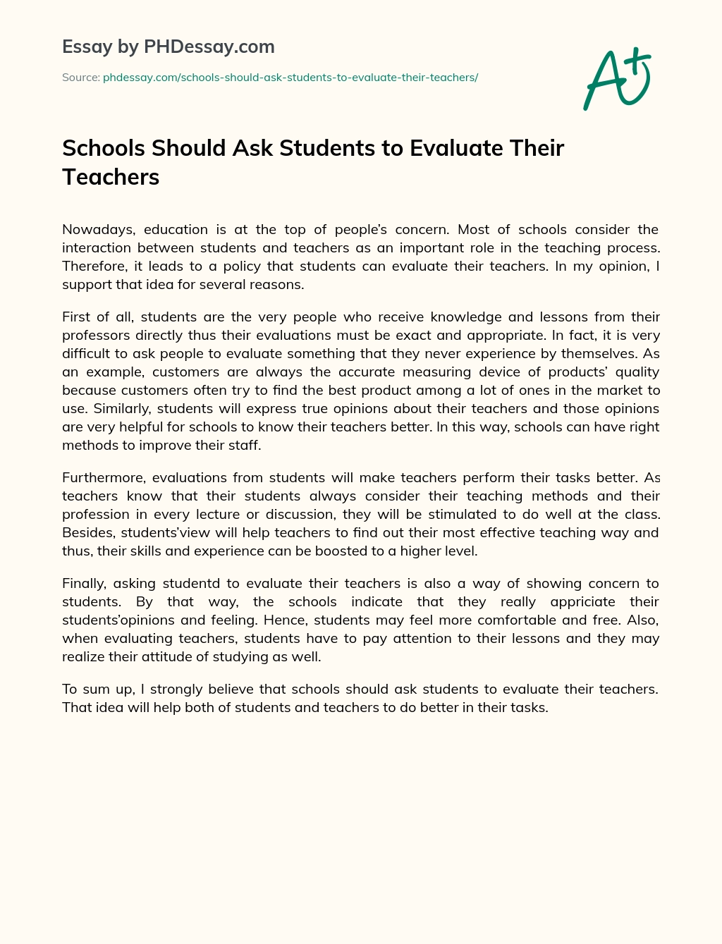 Schools Should Ask Students to Evaluate Their Teachers essay
