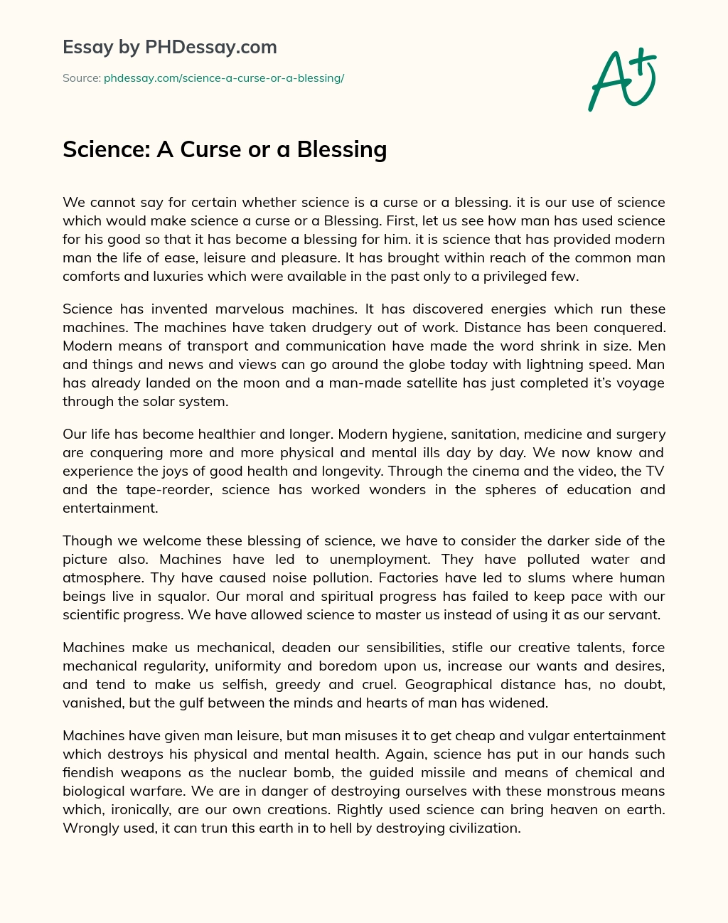 Science: A Curse or a Blessing essay