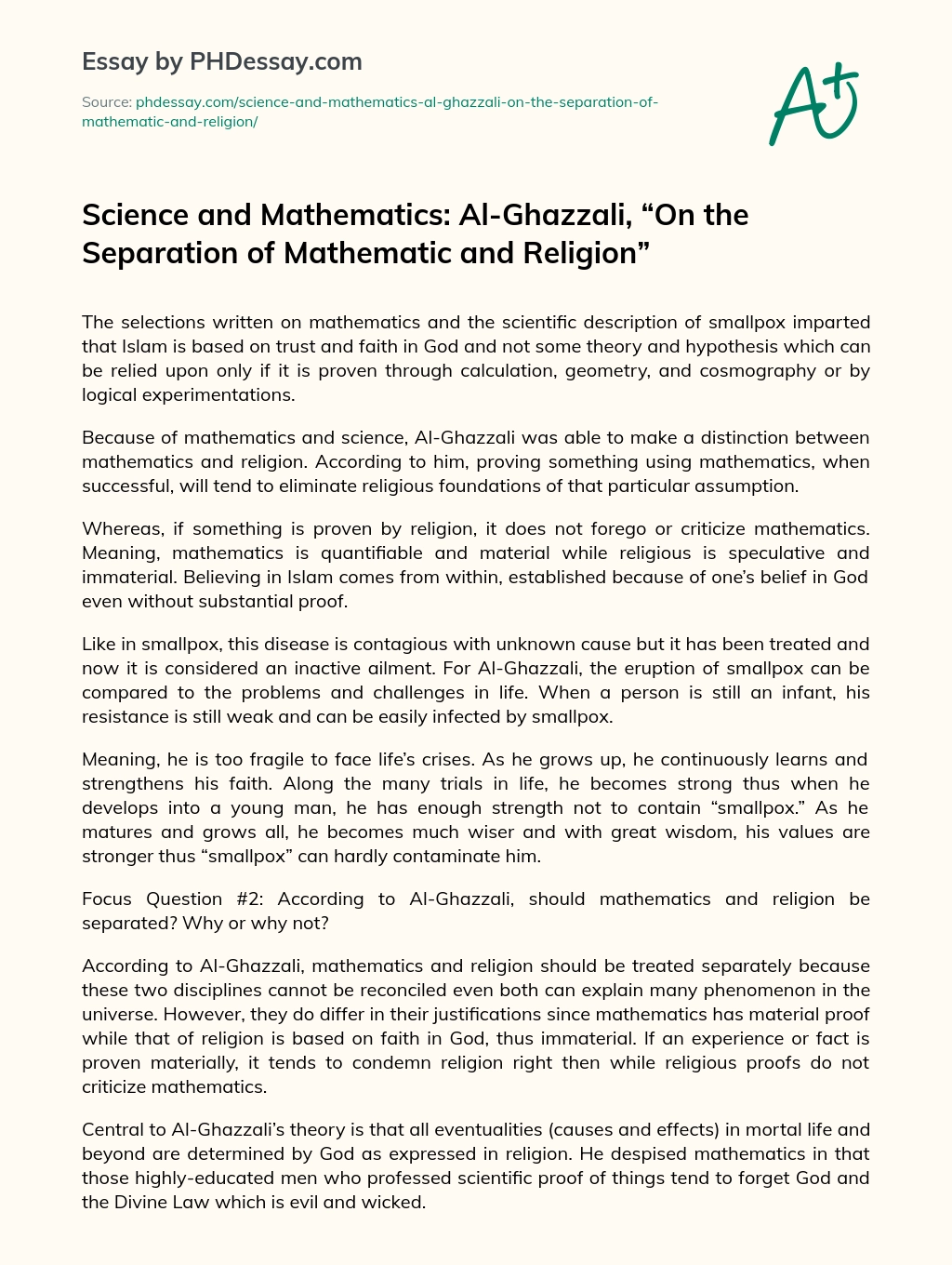 Science and Mathematics: Al-Ghazzali, “On the Separation of Mathematic and Religion” essay