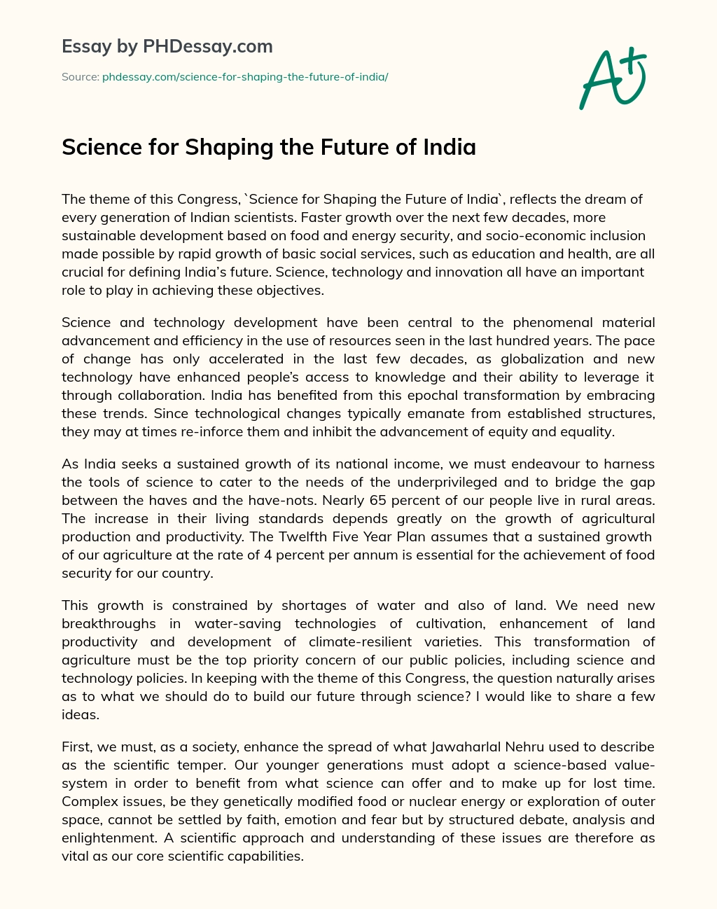 Science for Shaping the Future of India essay