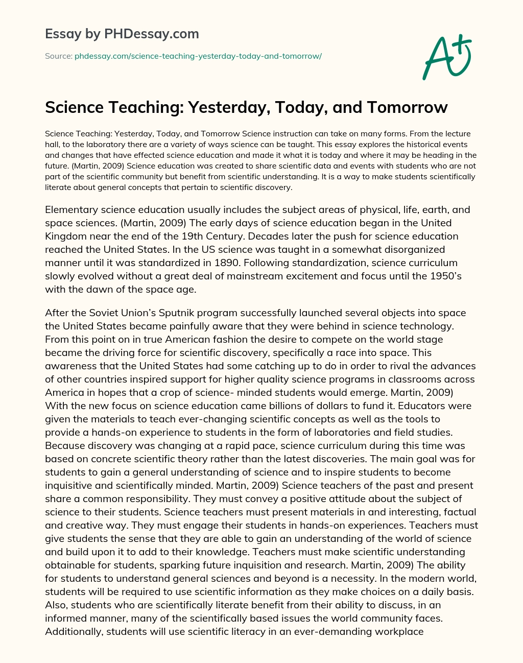 Science Teaching: Yesterday, Today, and Tomorrow essay