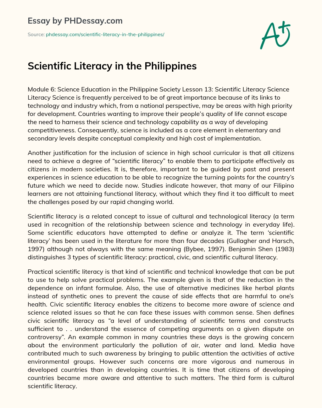 Scientific Literacy in the Philippines essay